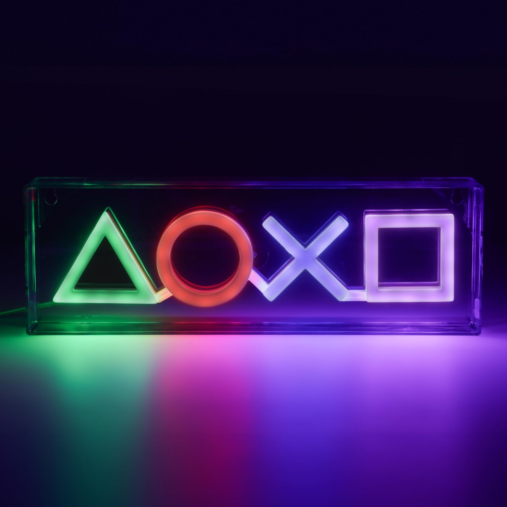 PlayStation icons LED neon light by Paladone, wall-mountable or freestanding game room decor with vibrant neon glow.