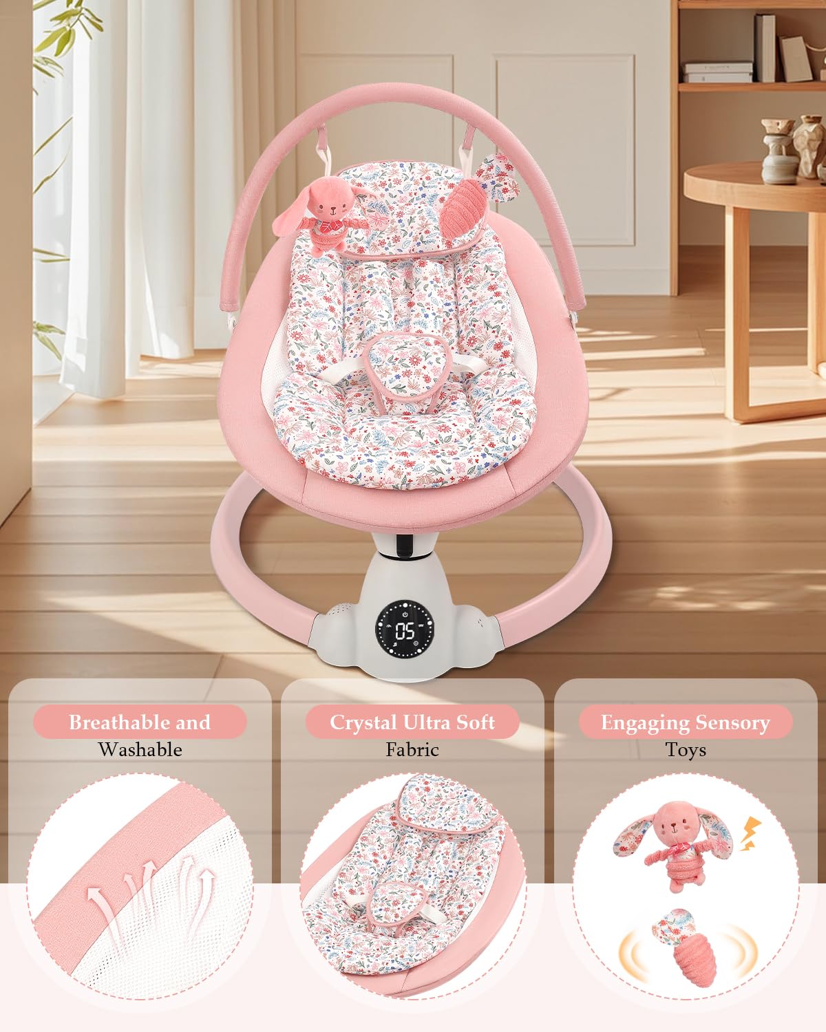 Uuoeebb portable electric baby bouncer with floral design, featuring 5 swing speeds, lullabies, 5-point harness, remote, and touch control.