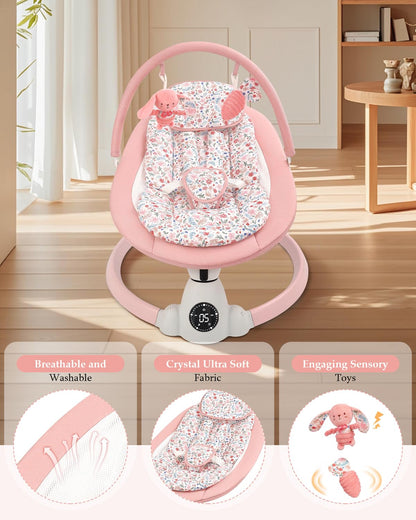 Uuoeebb portable electric baby bouncer with floral design, featuring 5 swing speeds, lullabies, 5-point harness, remote, and touch control.