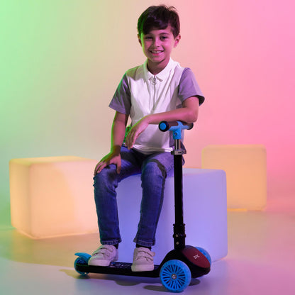 Zinc T-Motion Shine Kids Scooter for Ages 3+ – Three Wheeled Folding Boys & Girls Scooter with LED Light Up Deck & Wheels, Adjustable Handlebar, Lean & Steer Controls, Rear Brake, Black & Blue