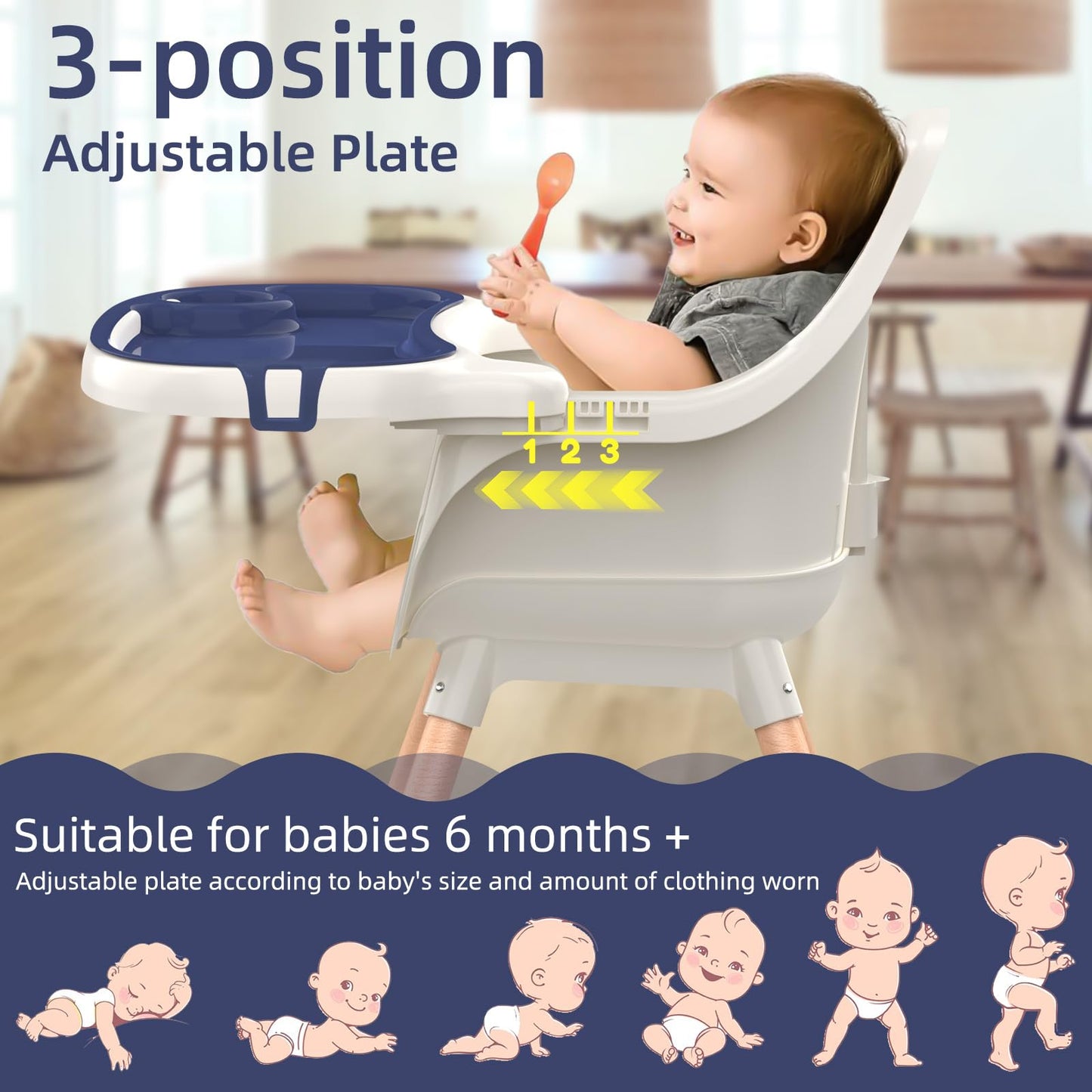 Blue Sweetmirth 4-in-1 baby high chair with adjustable height, removable tray, ergonomic design, suitable for toddlers 6 months to 5 years.