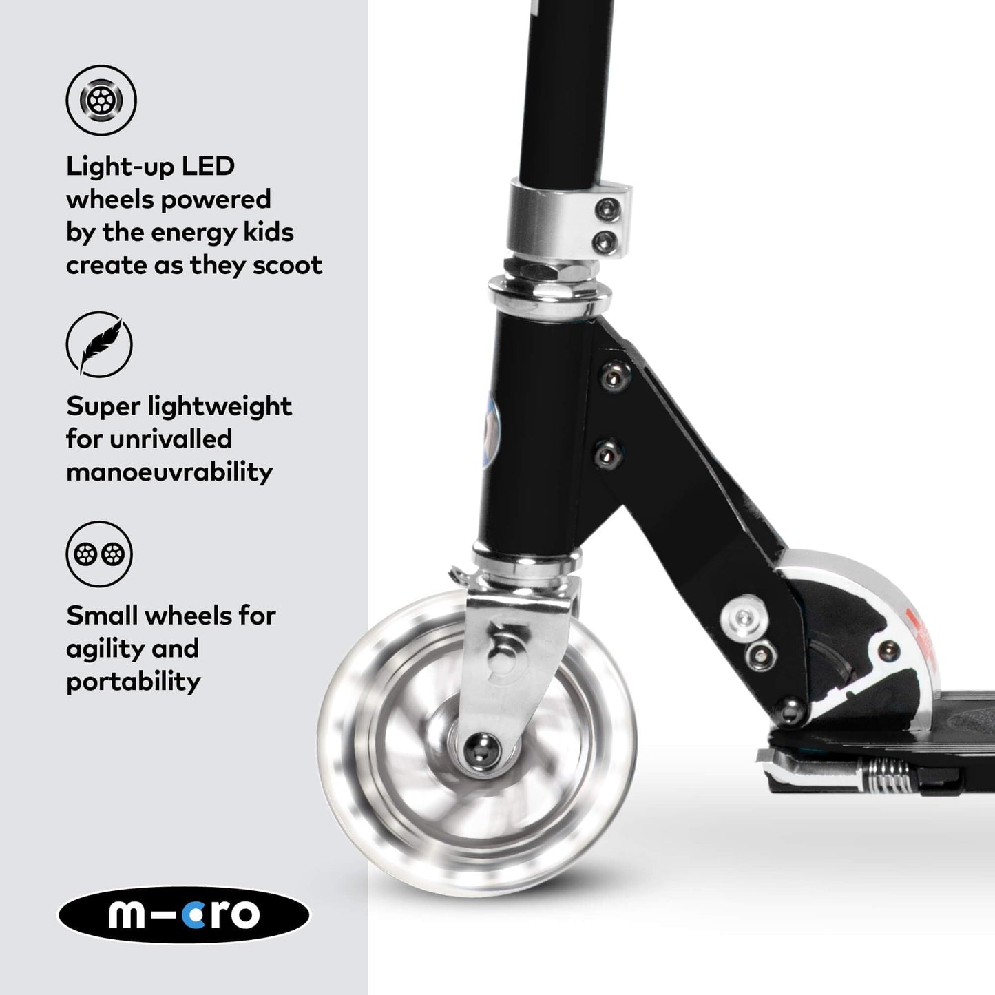 Micro Scooters | Micro Sprite Classic LED Children's Scooter | Handlebar Adjustable | Light Up Wheels | Foldable | Kickstand | 5 to Teen | Boys & Girls | Black