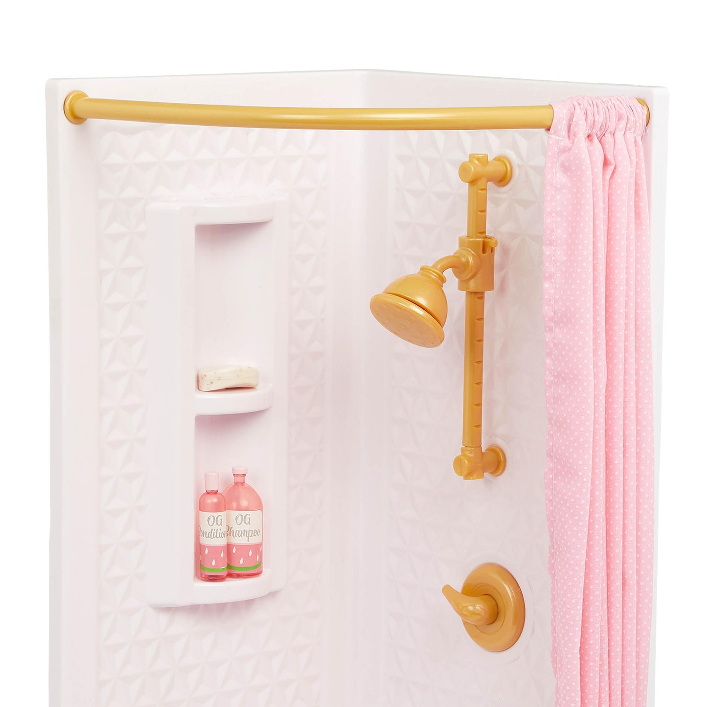 Modern Our Generation dollhouse bathroom set with 7 pieces, including sink, tub, and accessories for 18-inch dolls.