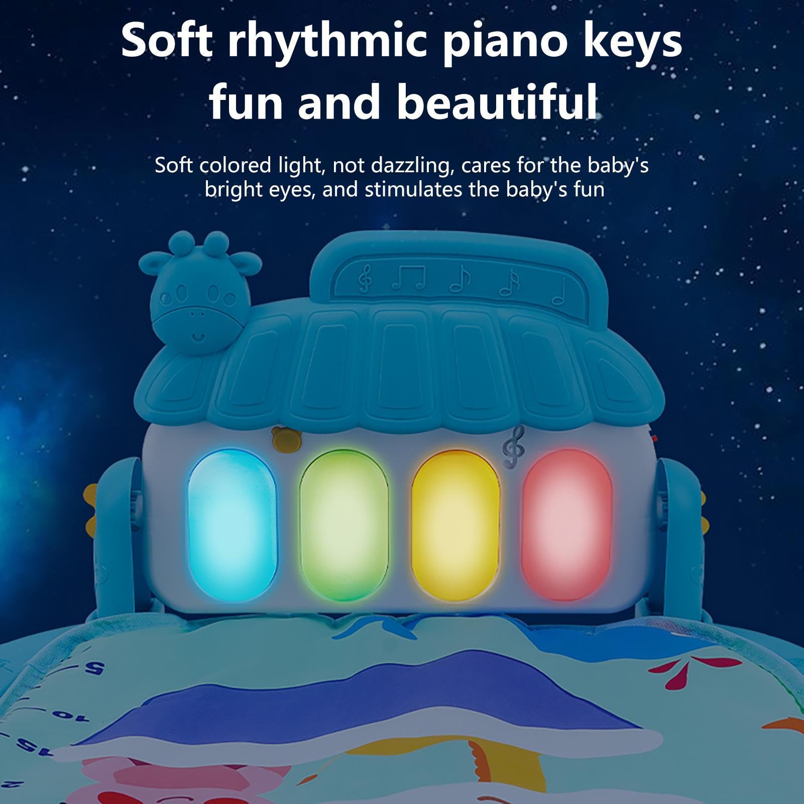 Colorful baby gym play mat with piano, sensory toys, and music for infants 0-36 months, featuring cartoon piano design by Ylnailky.