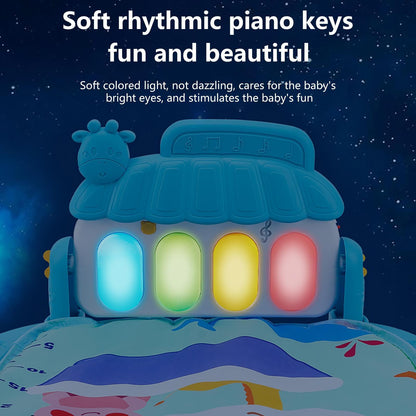 Colorful baby gym play mat with piano, sensory toys, and music for infants 0-36 months, featuring cartoon piano design by Ylnailky.