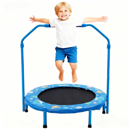 Forroby 36 Inch Kids Trampoline Height Adjustable with Handle,Steel Frame Foldable Toddler Sports Trampolines With Protective Cover,Mini Trampoline for Children Boys Girls Outdoor Indoor 3 Years+,Blue