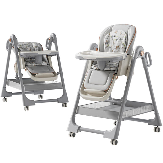 Magic ZC PU Leather Baby High Chair Toddler Feeding Dining Chair with Adjustable Heights and Positions Multifunctional Foldable Convertible with Detachable Double Trays and Wheels (X8122 Grey)