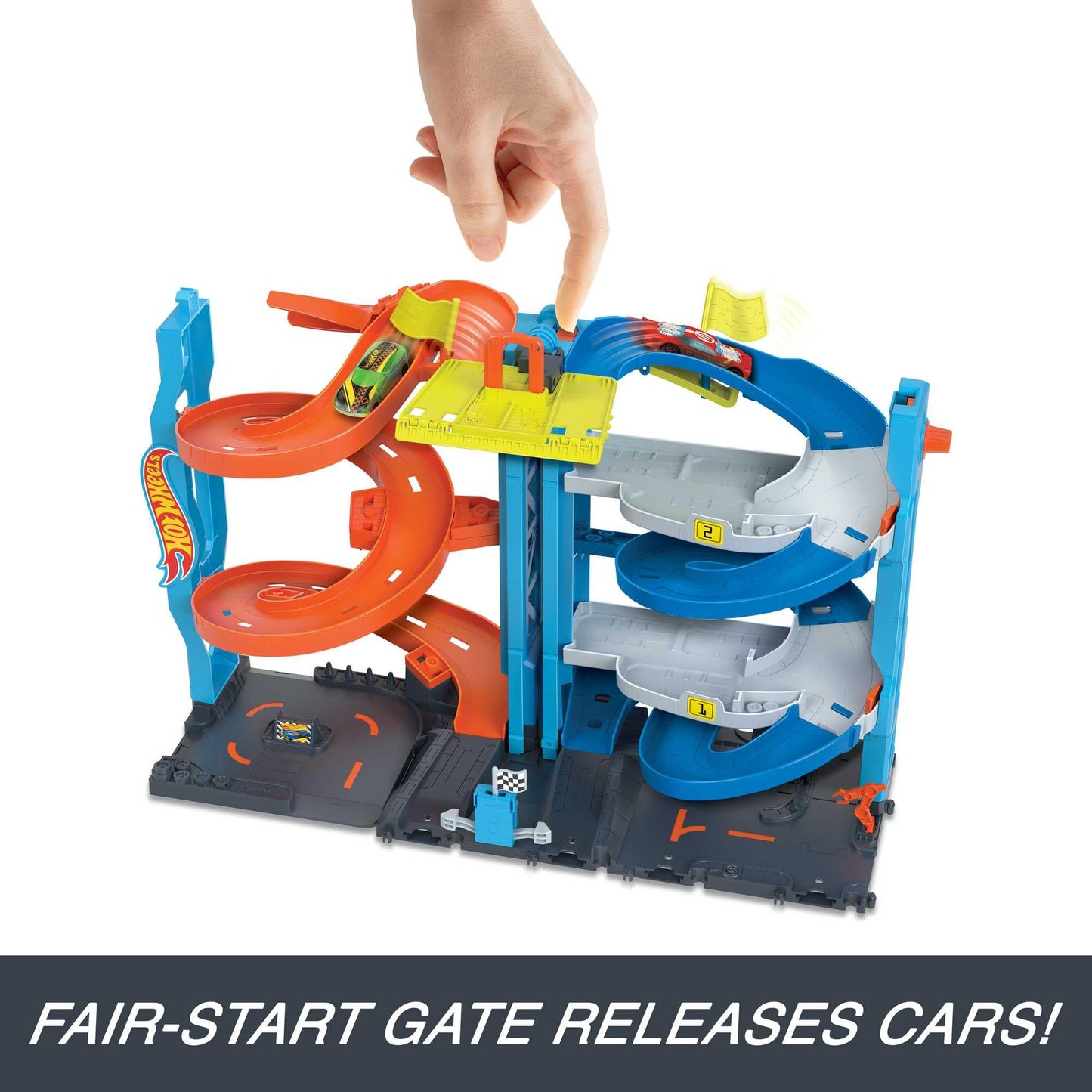 Hot Wheels City Racetrack with transforming race tower in 2-in-1 mode, featuring included 1:64 scale toy car.