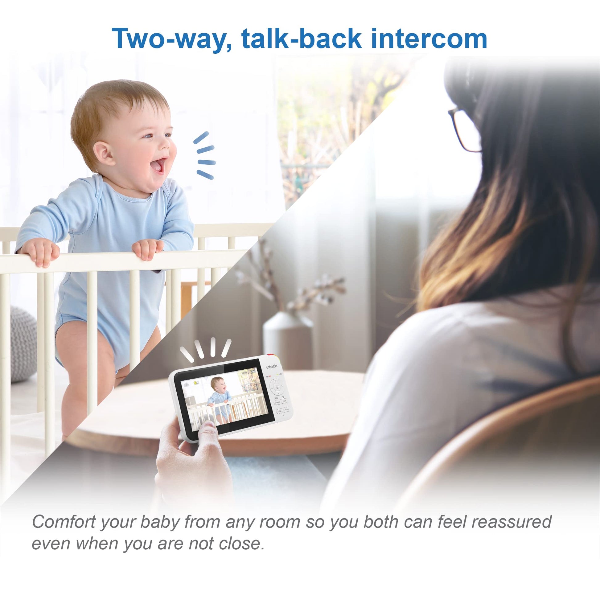 VTech VM924 video baby monitor with 5-inch LCD screen, camera with pan and tilt, night vision, and two-way talk.