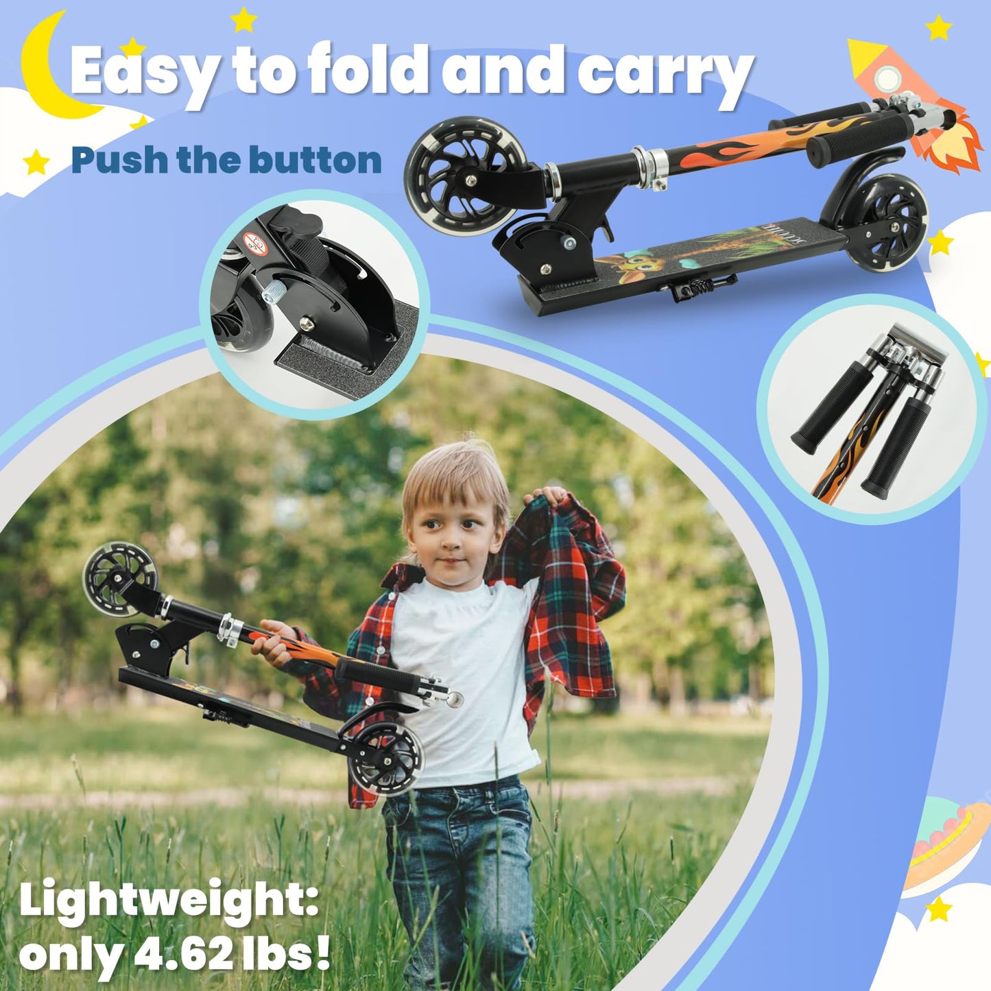 TENBOOM Scooter for Kids Ages 4-7, 2 Wheels Light Up Gift Scooters for Girls Boys Ages 6-12, Easy Folding Kids Scooter with 3 Levels Adjustable Handlebar and Rear Brake