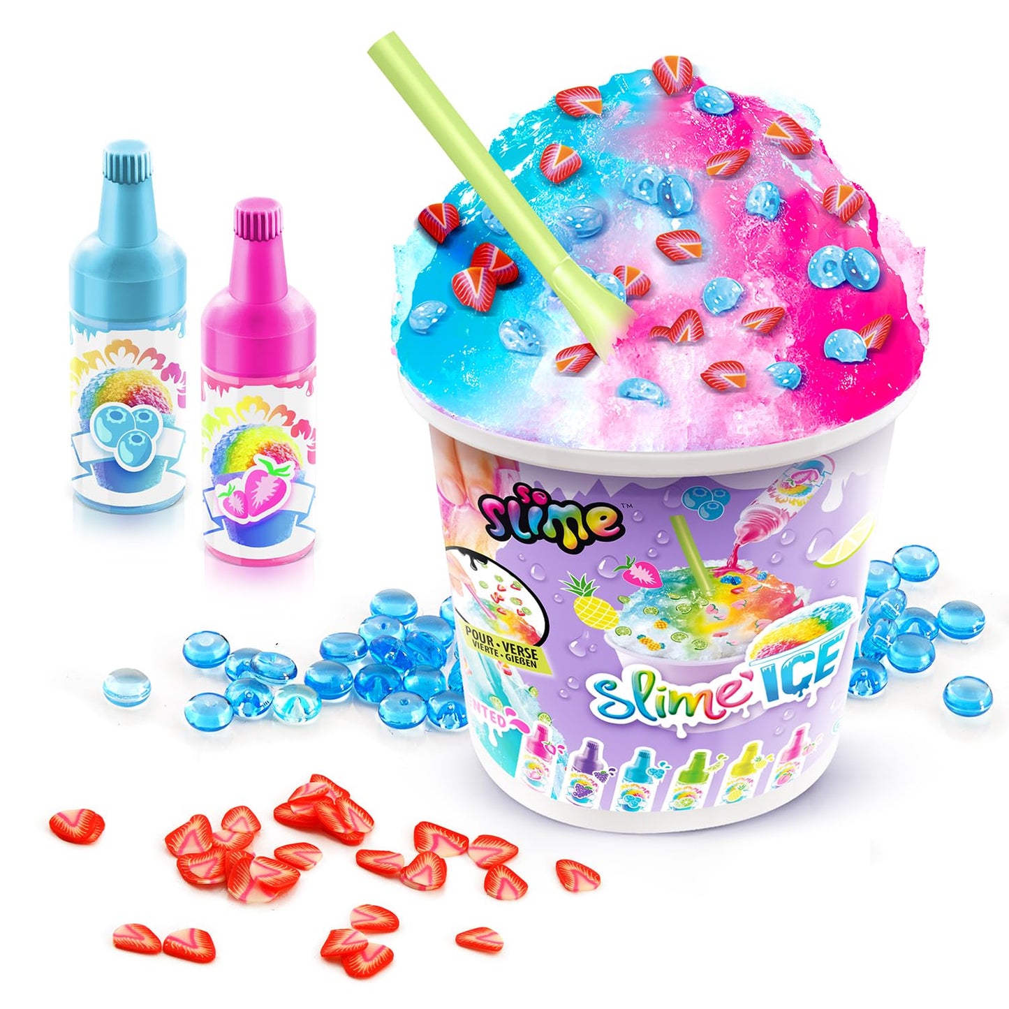 C Toys So Slim DIY Slime Ice Mega Cup with fragrance dyes, spoon, and decorations, featuring colorful slime in a large container.