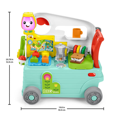Fisher-Price Laugh & Learn 3-in-1 On-The-Go Camper for infants, features colorful activity panels and a musical push-along walker.