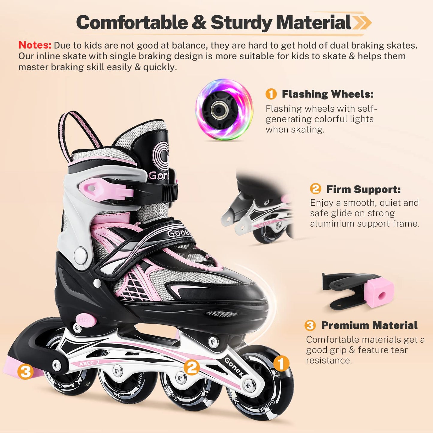 Gonex Inline Skates, Adjustable Inline Roller Skates Blades with Illuminating Light Up Wheels for Kids Girls Boys Teens, Pink M