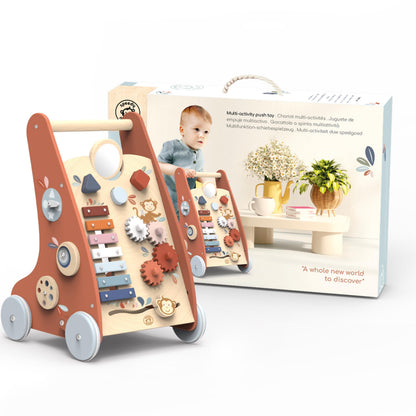 Speedy Monkey wooden baby walker with colorful activity toys, non-slip rubber wheels, FSC-certified wood for 6-month-olds and 1-year-olds