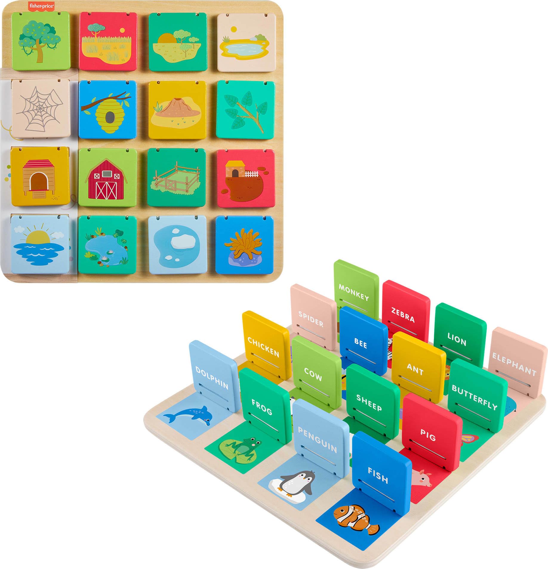 Fisher-Price Wood Preschool Toy Lift & Reveal Board for early learning, fine motor skills, and developmental play for kids 3+.