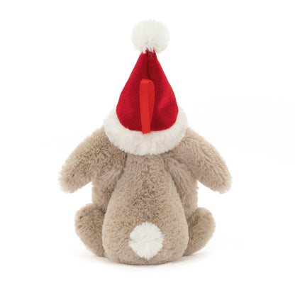 Jellycat Bashful Christmas Bunny Decoration, soft plush bunny with festive details, measuring 13 cm tall and 5 cm wide.