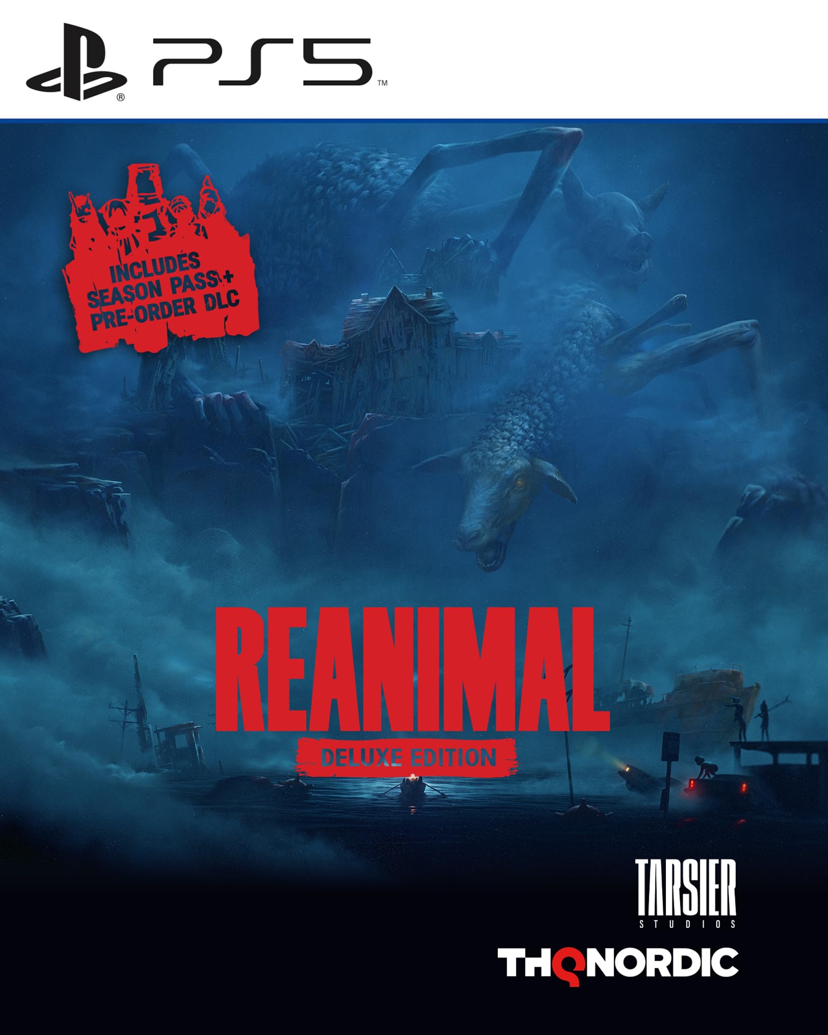Reanimal Deluxe Edition for PlayStation 5 game case with artwork and branding by THQ Nordic, featuring colorful fantasy-themed design.