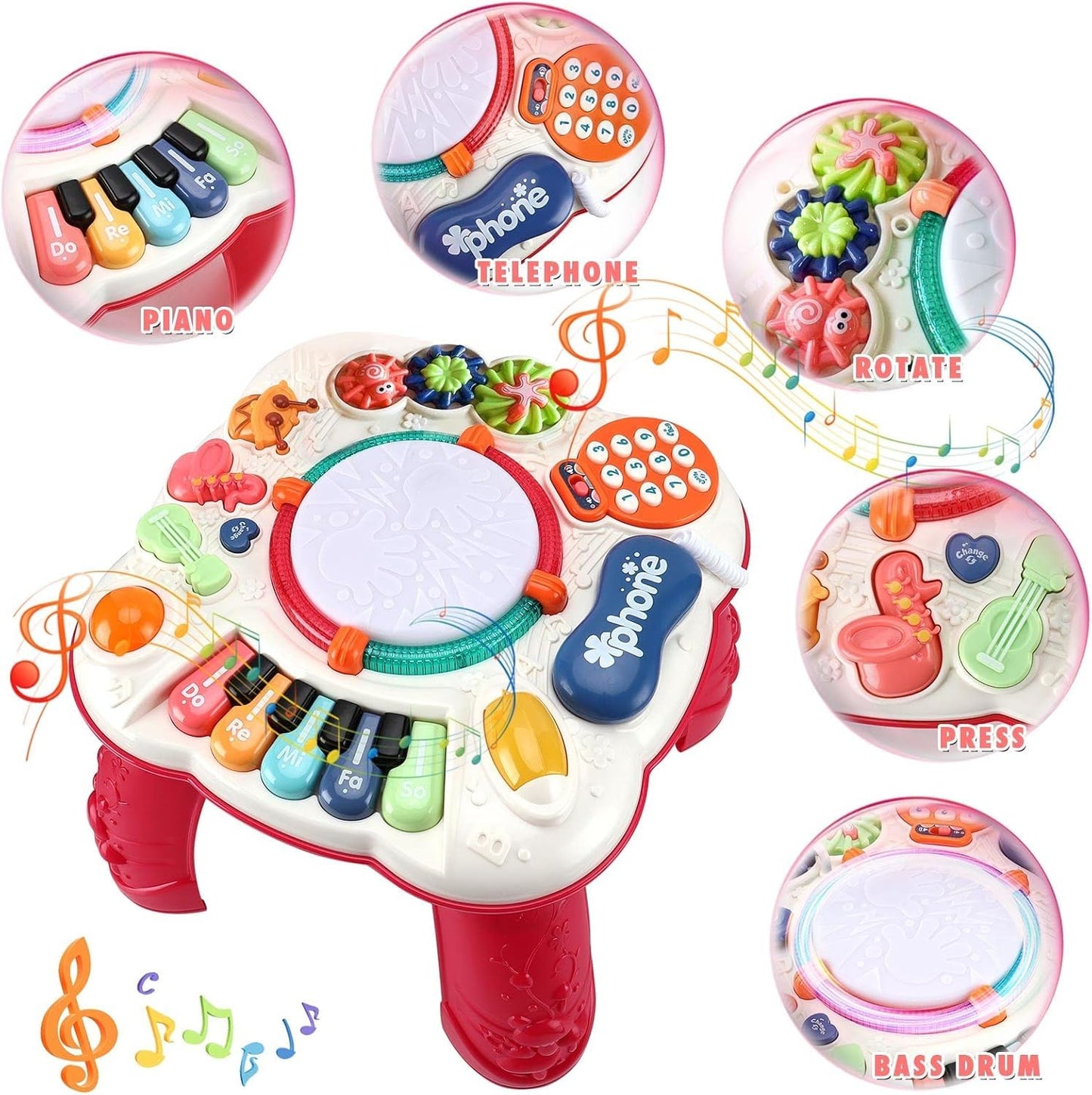 Innoocool Baby Activity Table Sensory Toys, Birthday Gift Music Learning Table for 0-6 Months 1 2 3 Year Old Boys and Girls, Early Education Music Table with Light and Sound 30×30×29cm, Red