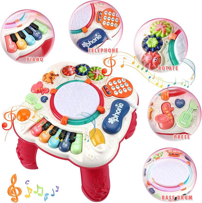 Innoocool Baby Activity Table Sensory Toys, Birthday Gift Music Learning Table for 0-6 Months 1 2 3 Year Old Boys and Girls, Early Education Music Table with Light and Sound 30×30×29cm, Red