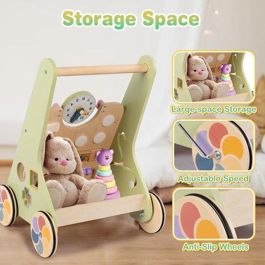 LOL-FUN wooden baby walker for toddlers, 10-in-1 push toy with speed control, activity center for 6-12 months, small size.