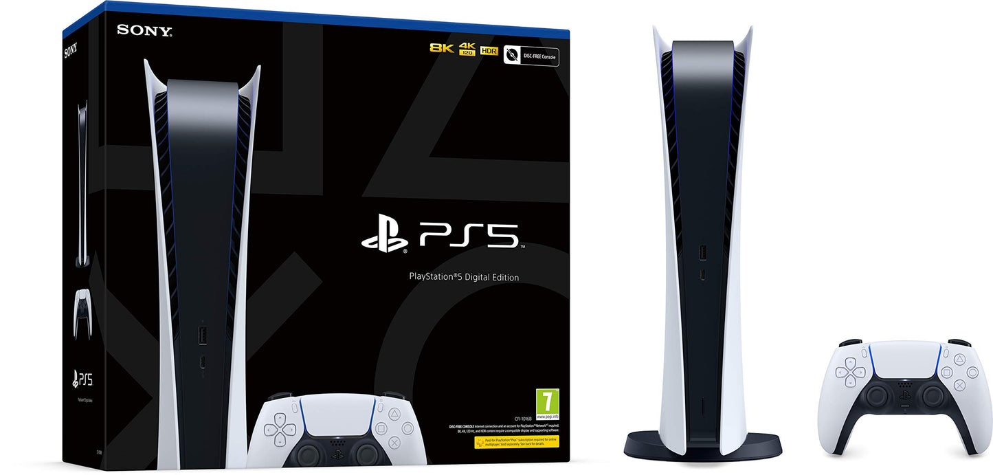 PlayStation 5 Digital Console with sleek black design and disc-free gaming setup, front view showing disc drive and ventilation.