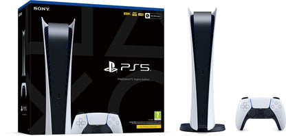 PlayStation 5 Digital Console with sleek black design and disc-free gaming setup, front view showing disc drive and ventilation.