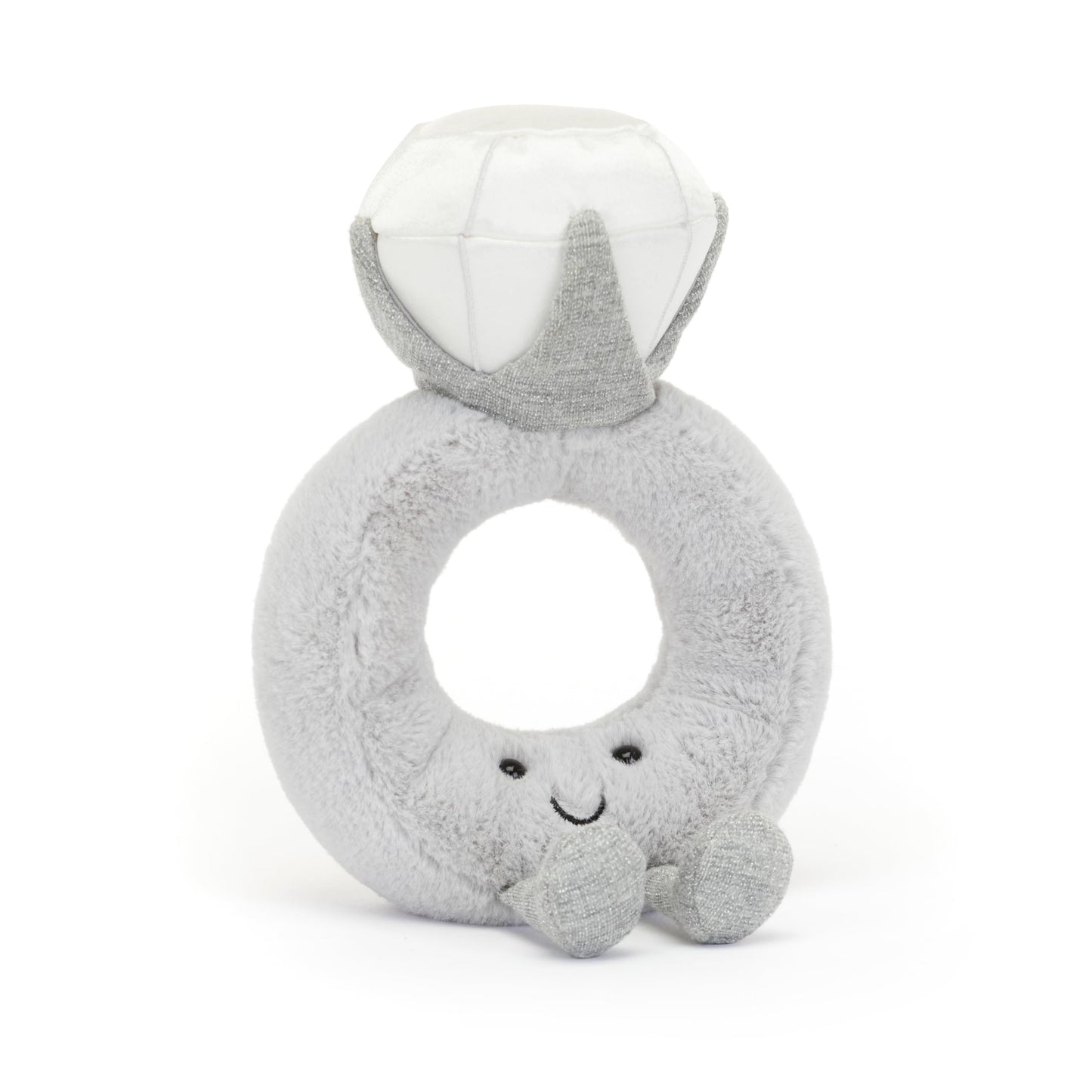 Jellycat Amuseable Diamond Ring plush toy, 20 cm tall, 12 cm long, featuring a smiling face and colorful design.