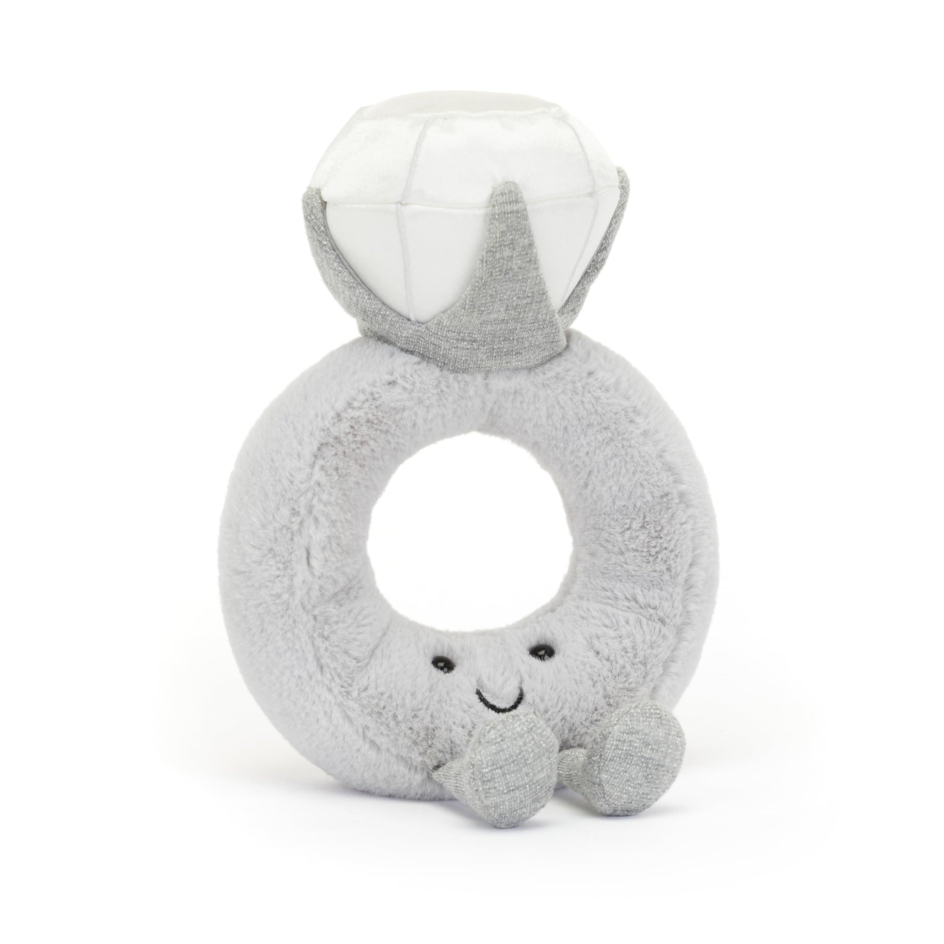 Jellycat Amuseable Diamond Ring plush toy, 20 cm tall, 12 cm long, featuring a smiling face and colorful design.