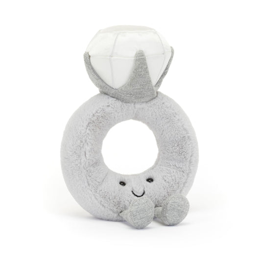Jellycat Amuseable Diamond Ring plush toy, 20 cm tall, 12 cm long, featuring a smiling face and colorful design.