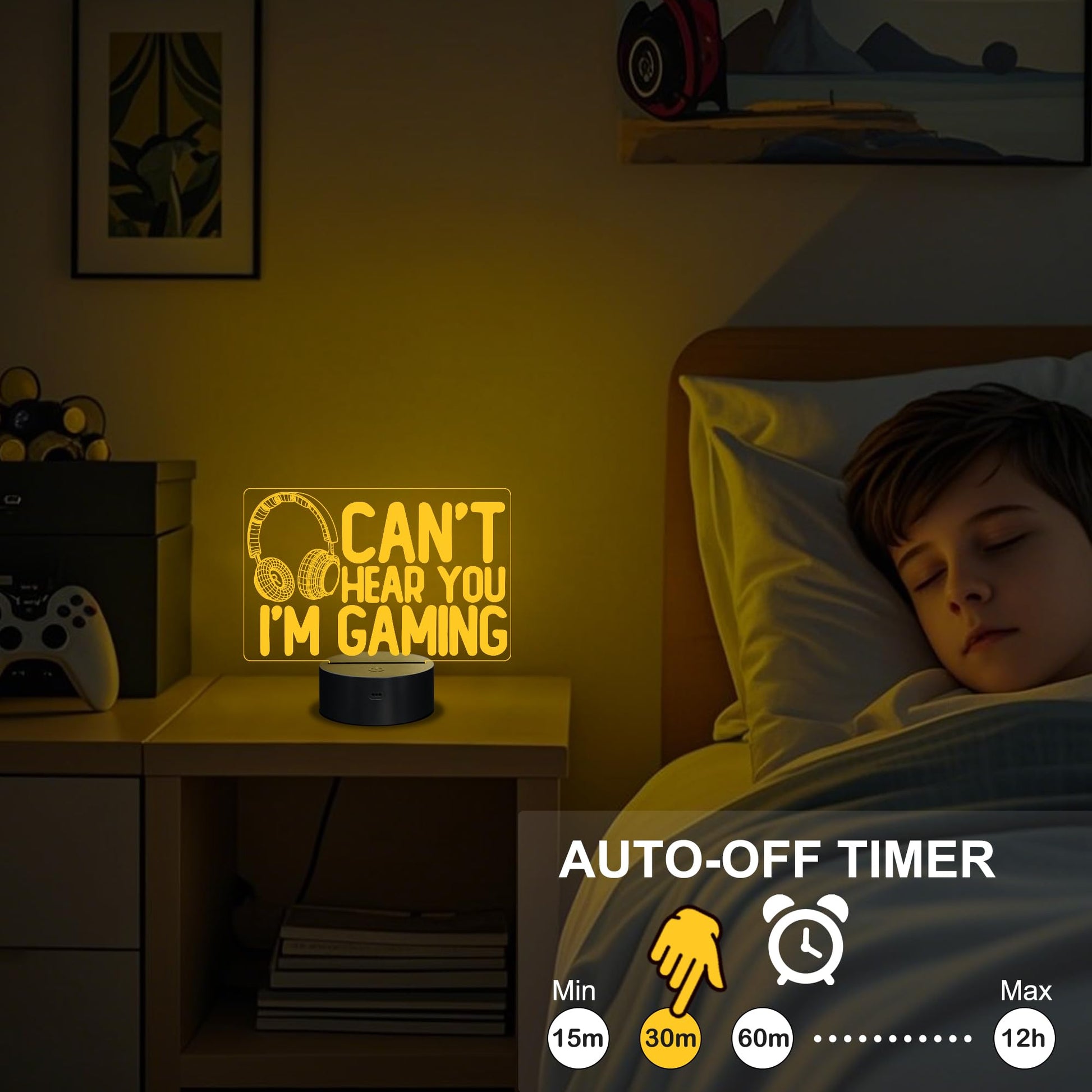 YuanDian gaming night light featuring a headset graphic, 16 color options, 3D illusion design, touch and remote control for gamers