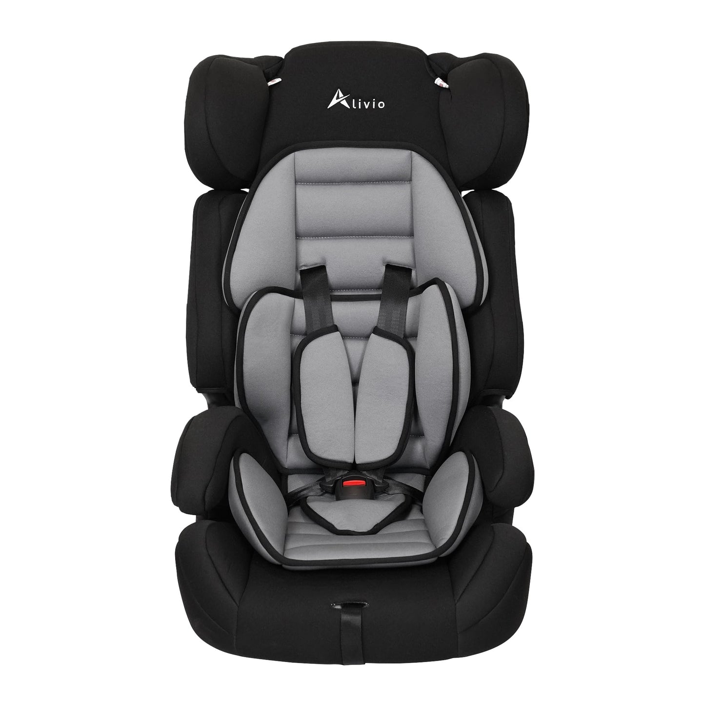 Alivio adjustable toddler car seat with padded fabric, 3-layer headrest, recline feature, designed for children aged 0-12 years.