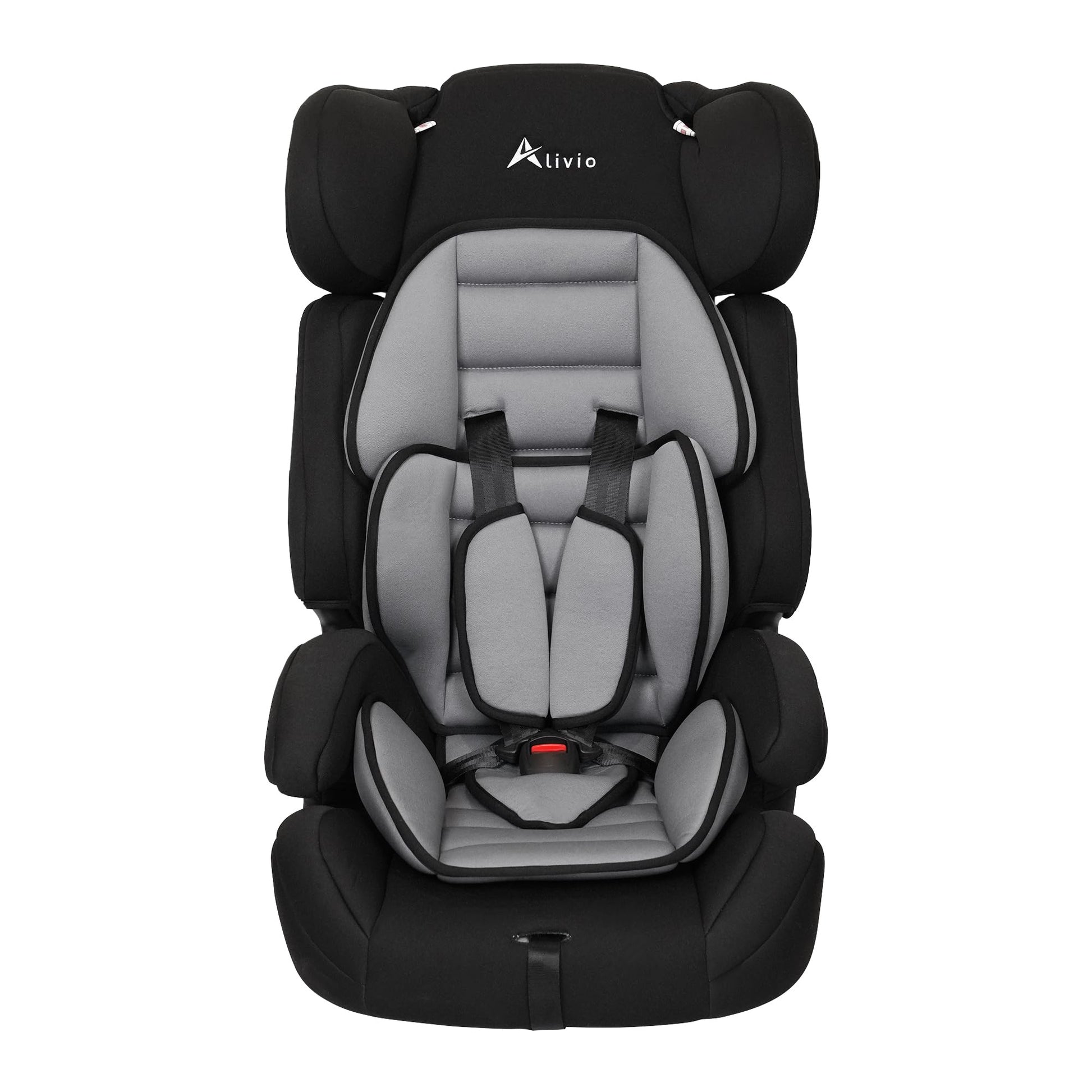 Alivio adjustable toddler car seat with padded fabric, 3-layer headrest, recline feature, designed for children aged 0-12 years.