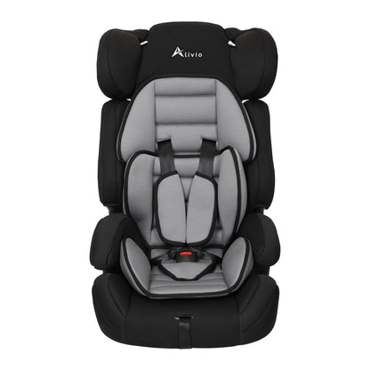 Alivio adjustable toddler car seat with padded fabric, 3-layer headrest, recline feature, designed for children aged 0-12 years.