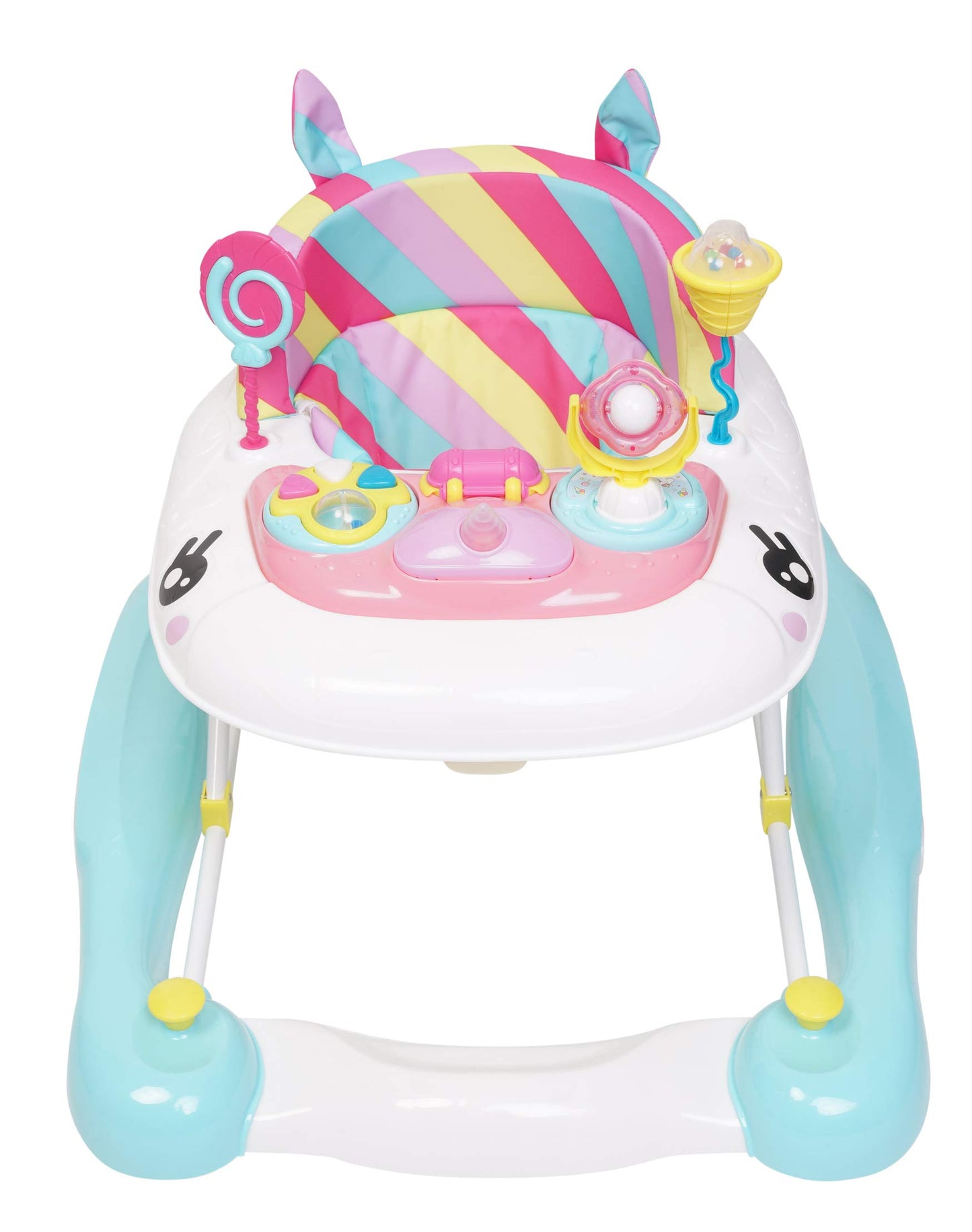 MyChild Unicorn 2-in-1 pink rainbow activity baby walker and rocker with foldable frame, adjustable height, and safety blocks for 6 months+