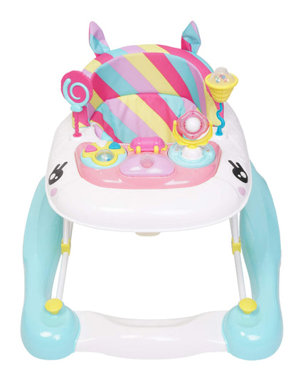 MyChild Unicorn 2-in-1 pink rainbow activity baby walker and rocker with foldable frame, adjustable height, and safety blocks for 6 months+