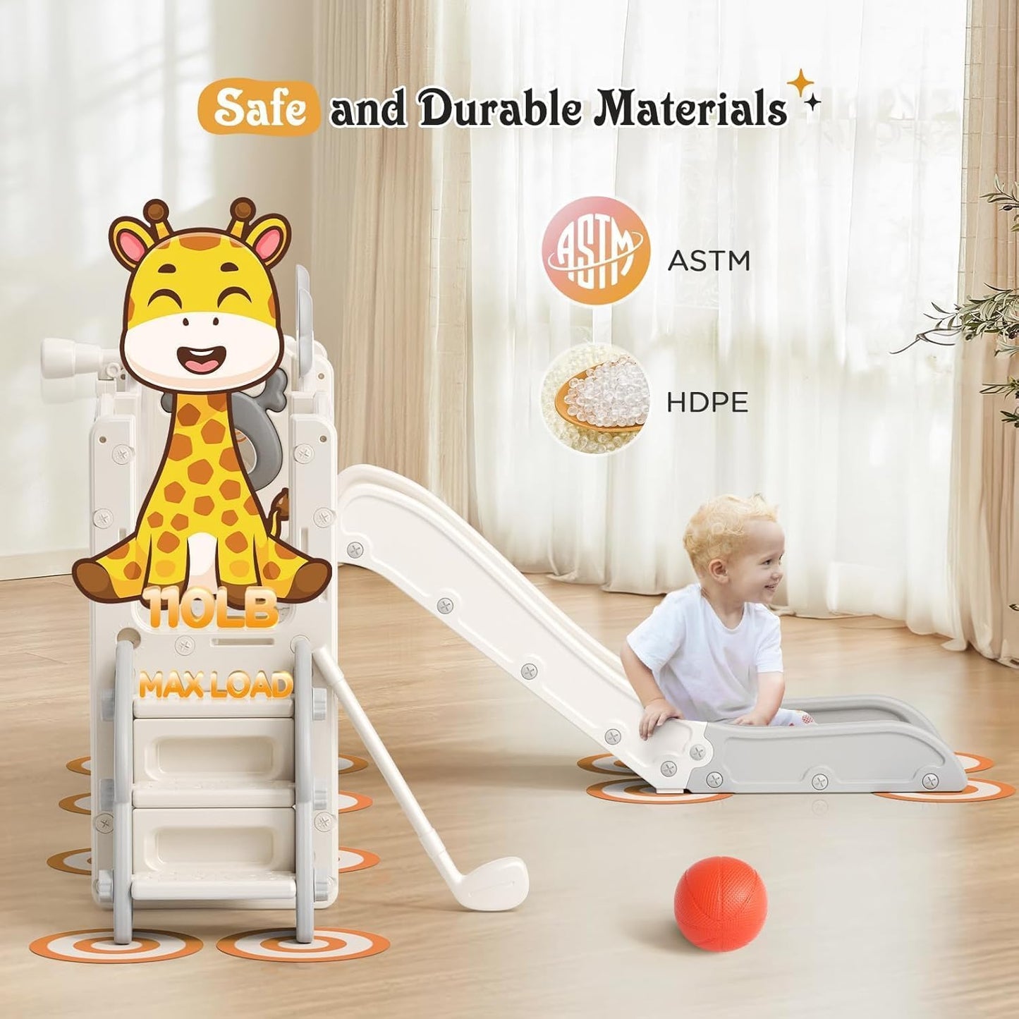 Kids Slide,Indoor Thickened Widened toddler slide with basketball hoop, climbing frame for the garden,storage space slide ((7-in-1 Elk Slide-Beige Gray))