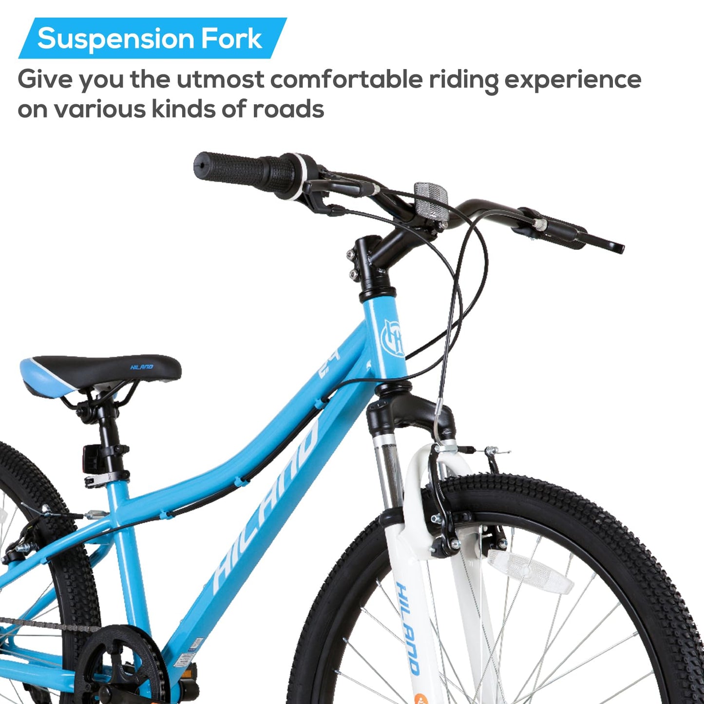 HILAND 24 Inch Kids Mountain Bike, 7 Speed MTB Bike for Boys Girls, Kids Mountain Bicycle with Suspension Fork V-brakes, Blue