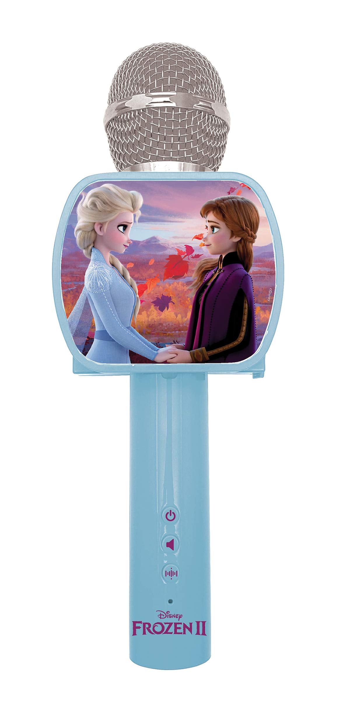Blue LEXIBOOK Frozen Bluetooth microphone with voice changer, built-in speaker, phone holder, and colorful Frozen-themed design.