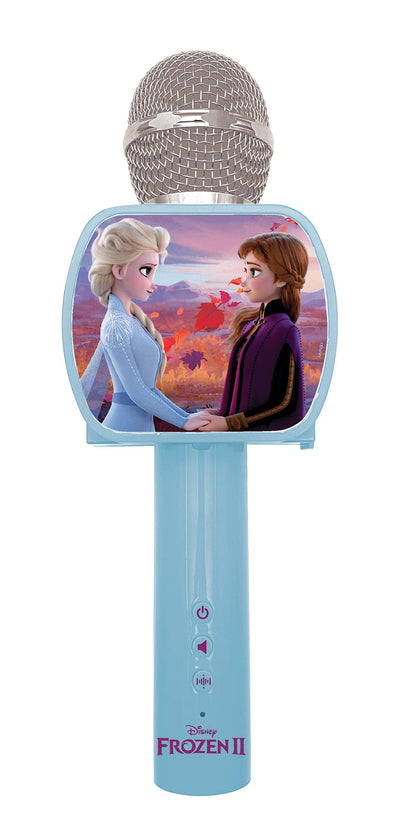 Blue LEXIBOOK Frozen Bluetooth microphone with voice changer, built-in speaker, phone holder, and colorful Frozen-themed design.