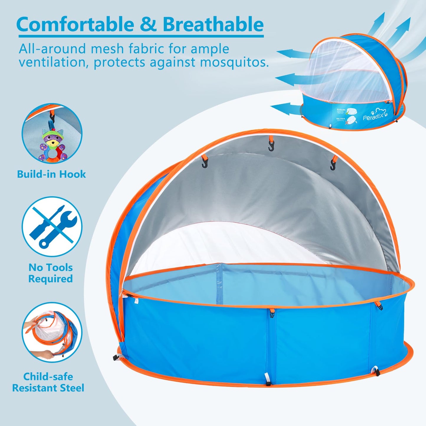 Peradix Splash Pool, 4-in-1 Baby Beach Tent with UV Sun Shelter Canopy & Mosquito Net, Portable Pop-Up Infant Ball Pit Tent, Toddler Wading Pool for Kids & Pets