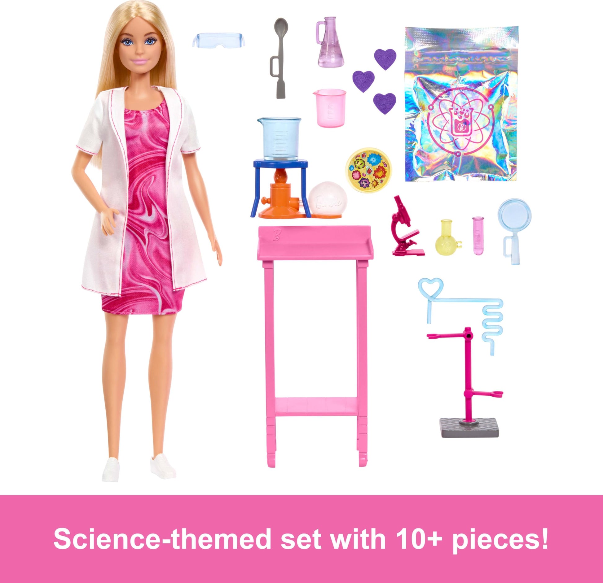 Barbie Scientist Doll with blonde hair, lab table, microscope, color-change beaker, and petri dish accessories for imaginative play.