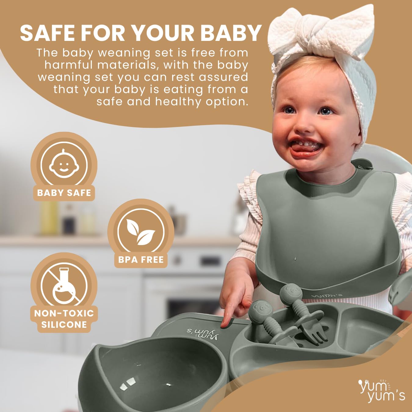 Yum Yum's Baby 10 Pcs Grey Weaning Set - Complete Toddler Feeding Kit w/Sectioned Plate, Suction Bowls, Cutlery with Mouth Guard, Straw Cup, Bib & Mat - Non-Slip - for Toddlers & Baby Gift