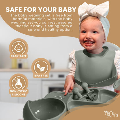 Yum Yum's Baby 10 Pcs Grey Weaning Set - Complete Toddler Feeding Kit w/Sectioned Plate, Suction Bowls, Cutlery with Mouth Guard, Straw Cup, Bib & Mat - Non-Slip - for Toddlers & Baby Gift