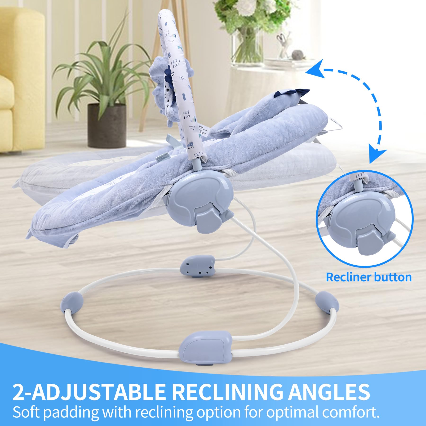 LADIDA soft light blue baby bouncer with removable toy bar, soothing vibrations, music, and three toys for newborns.