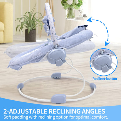 LADIDA soft light blue baby bouncer with removable toy bar, soothing vibrations, music, and three toys for newborns.
