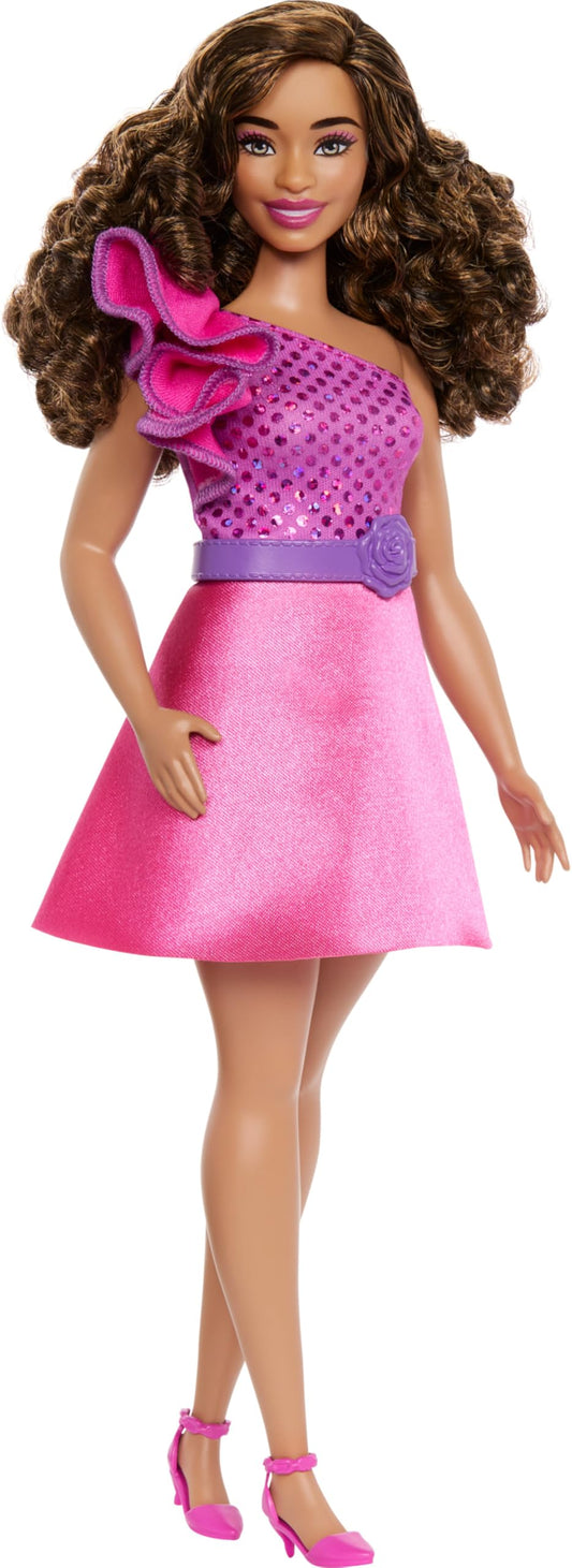 Barbie Fashionistas Doll #225 with curvy body, brown hair, wearing a pink sparkly dress and accessories for 65th anniversary.