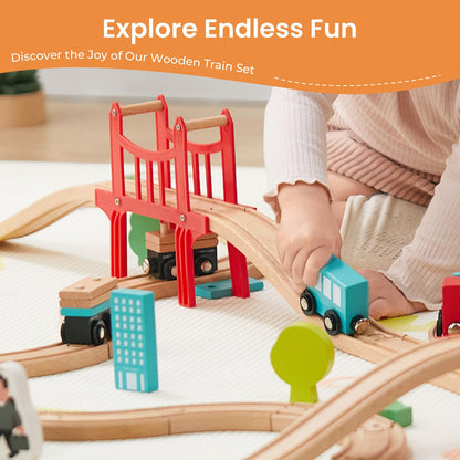 Tiny Land Wooden Train Set for Toddler - 39 Piece- with Wooden Tracks Compatible with Major Brands- Expandable, Changeable-Train Toy for 3 4 5 Years Old Girls & Boys