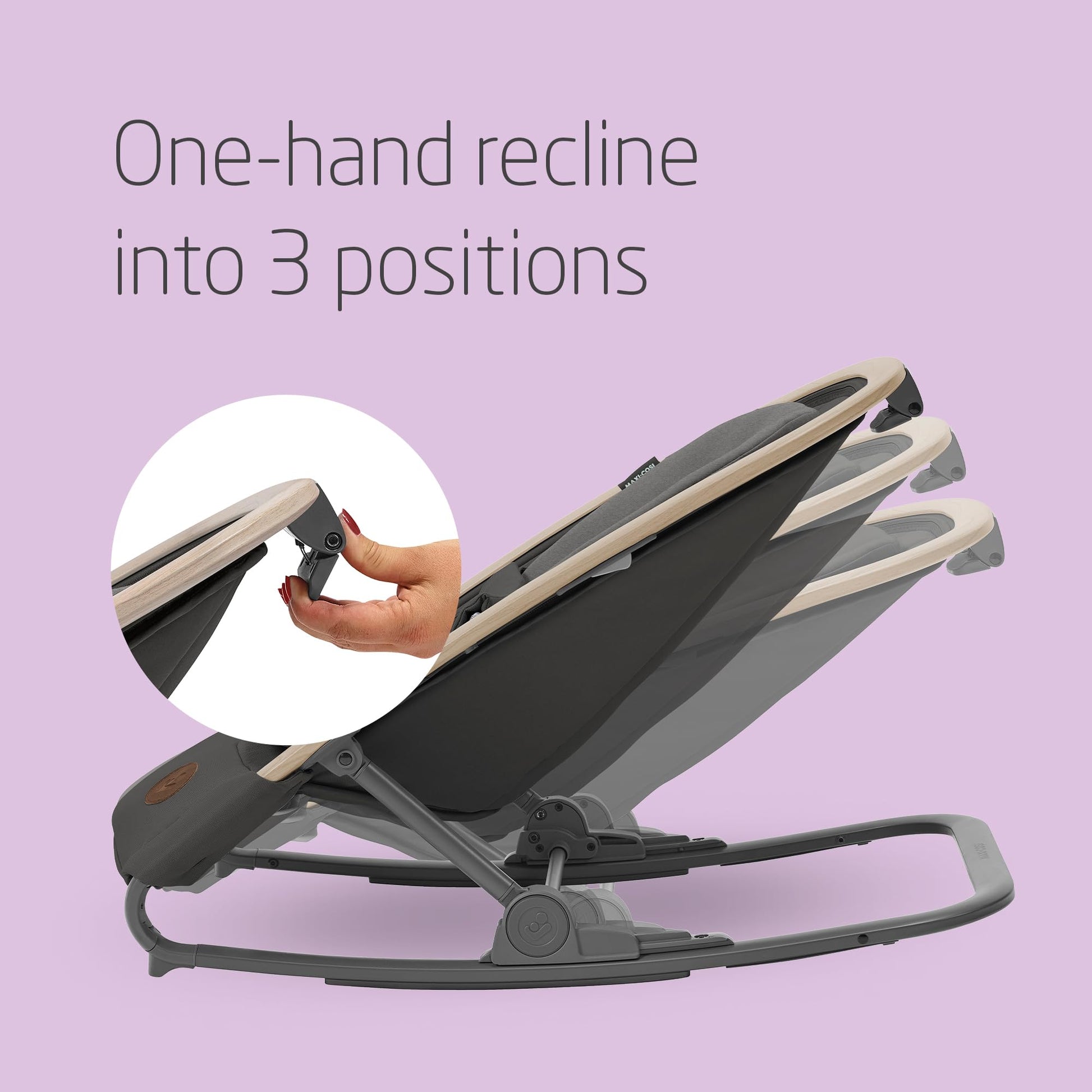 Maxi-Cosi Kori 2-in-1 ergonomic baby bouncer chair with toy arch, adjustable recline, lightweight design, and newborn pillow in beyond graphite.