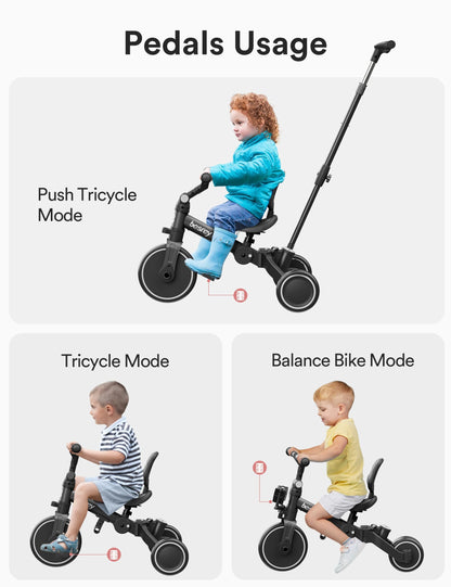 besrey toddler bike in black with push handle, removable pedals, and adjustable seat for kids ages 1-3 years.