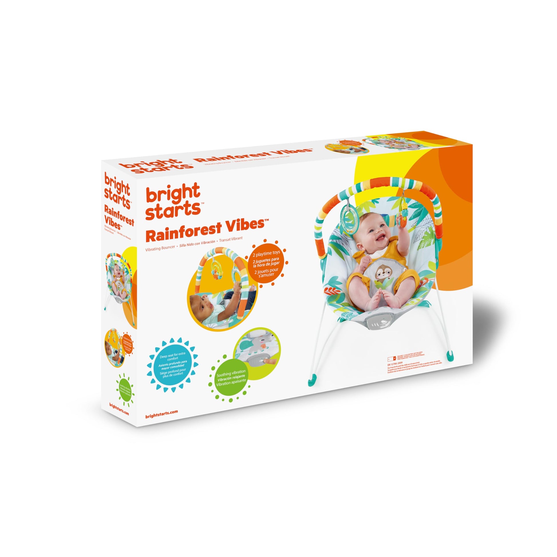 Bright Starts rainforest-themed baby bouncer seat with removable toy bar, soothing vibrations, nonslip feet for infants 0-6 months.